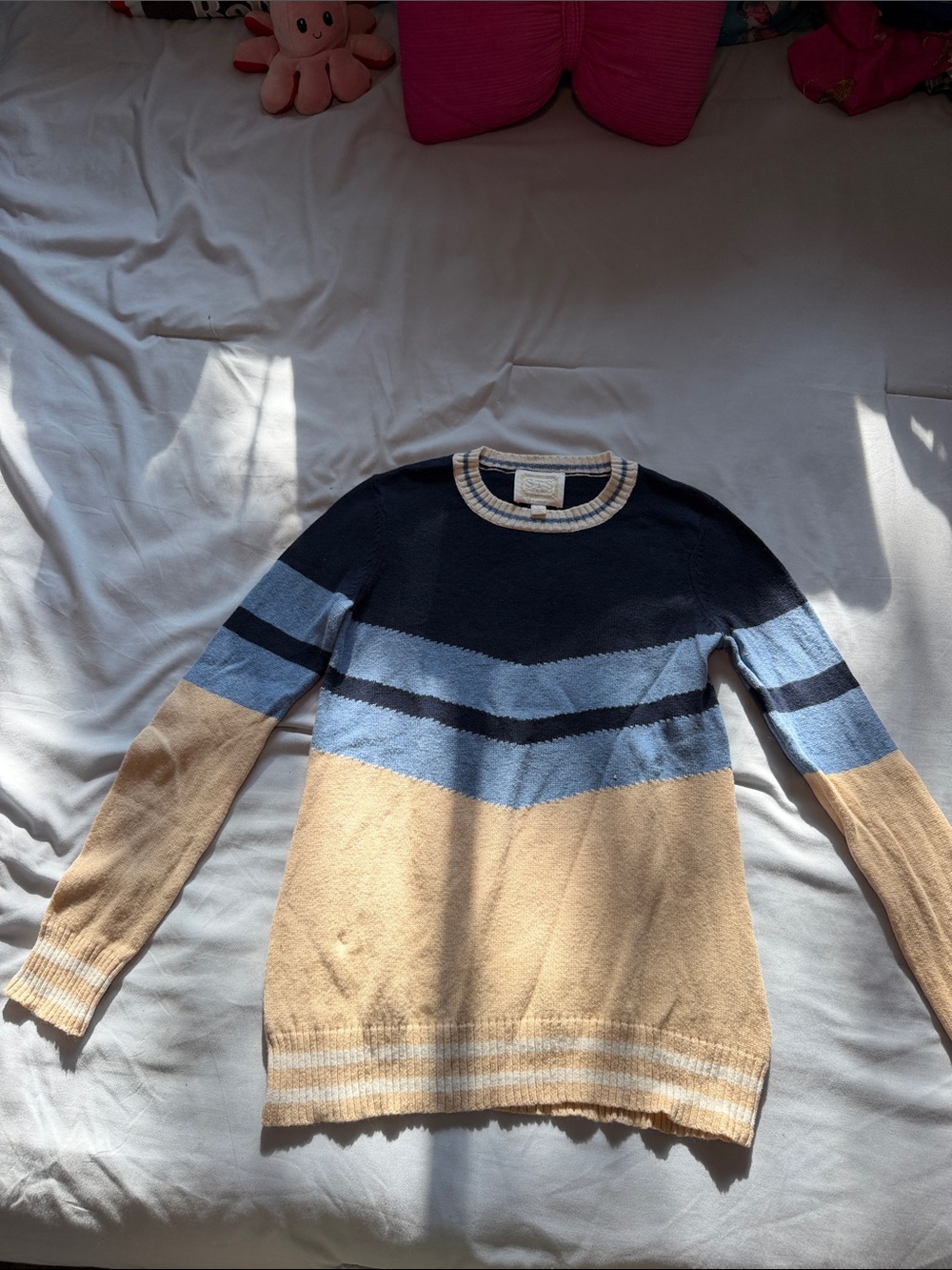Sail to Sable Colorblock Crewneck Sweater in Navy, Light Blue & Tan